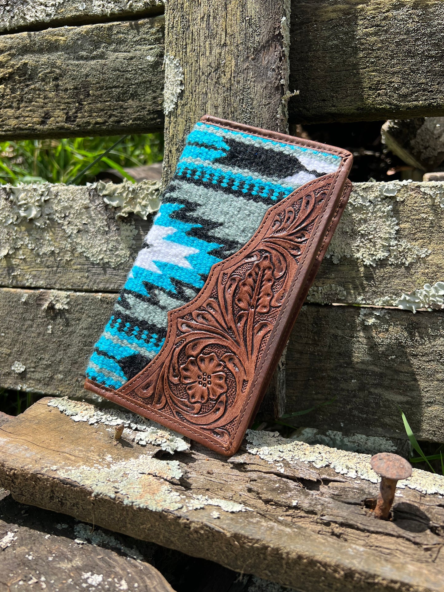 Indi Tooled Leather Saddle Blanket Slim Wallet 001